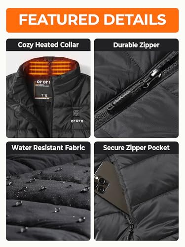 ORORO Men's Lightweight Heated Vest - 4-Zone USB-C Battery Puffer Vest, Large Black