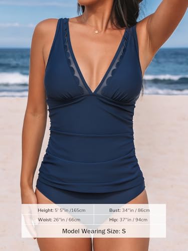 Women's Tankini Swimsuit Set V Neck Scalloped Mesh Bathing Suit Navy Blue Medium