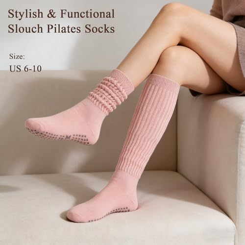 Pilates Socks with Grips for Women - Yoga Barre Slouch Scrunch Socks - White, Black, Khaki, Gray, Pink, Beige - Variation 2