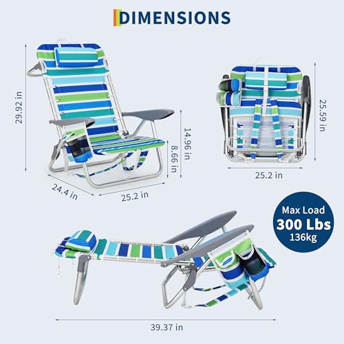 GarveeLife 2 Pack Portable Folding Beach Chairs with Recline & Accessories - Lightweight Support to 350LBS - Standard