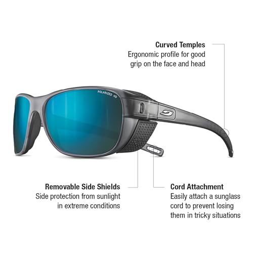 Julbo Camino Glacier Sunglasses with Removable Side Shields - Translucent Black/Gray Frame, Green Multilayer Blue Mirror Lens, Polarized UV Protection