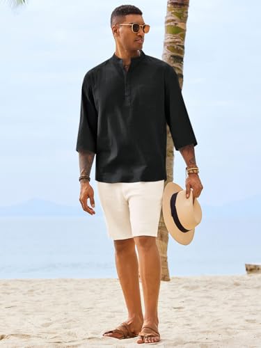 Men's Casual Linen Henley Shirt - 3/4 Sleeve Summer Beach T-Shirt Large Black