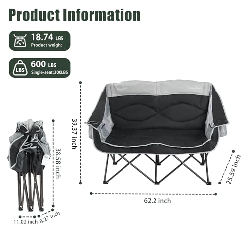 SUNNYFEEL Double Camping Chair Padded Loveseat for Adults - Black, Non-Heating