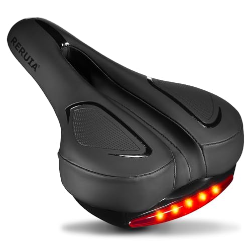 Touring Bike Seat with LED Tail Light - Wide Shock Absorbing Memory Foam Cushion