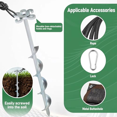 Heavy Duty Spiral Ground Anchors with Hook & Ring - 8 Pack, 12 Inch Tent Stakes for Tents, Canopies, Sheds, Swing Sets, Gazebos (Variation of THIS listing 8)