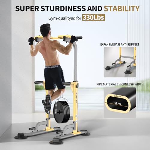 Yellow Pull-Up Dip Station, 350LBS Weight Capacity, Adjustable Home Gym Equipment