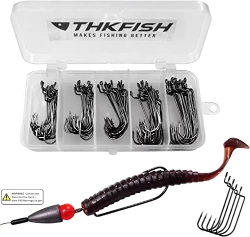 Offset Worm Hooks 100PCS - 5 Sizes for Soft Plastic Lures, Salt & Freshwater Fishing