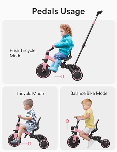 Pink 4-in-1 Toddler Tricycle with Push Handle for 1-3 Year Olds, Baby Balance & Ride Bike