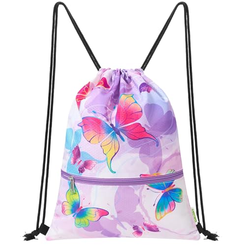 Kids Drawstring Backpack with Zipper Pocket - WAWSAM Gym/Swim Cinch Bag, Butterfly Variation