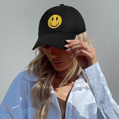 Sonmony Baseball Cap Smile Face Embroidered Dad Hat One Size Black