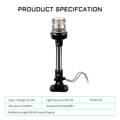 Boat Stern Light 9 Inch White LED Anchor Light for Marine Safety - Bimini Top Lights