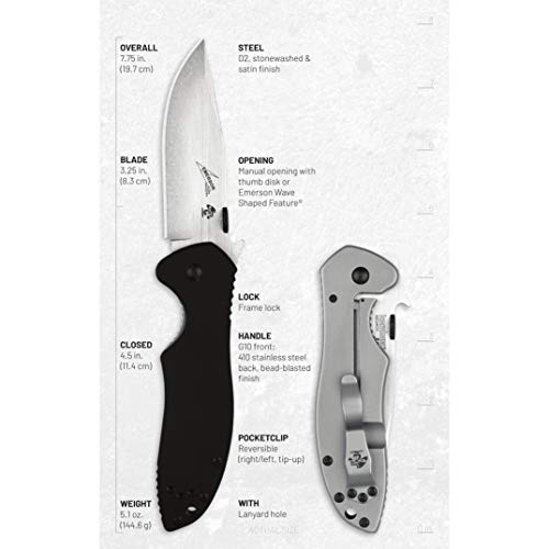 Kershaw Emerson CQC-K Folding Pocket Knife Model 6034d2, D2 Steel, Wave Shaped Feature