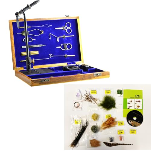 Fly Tying Kit with 12 Tools & Material for 48 Flies - Wooden Box & DVD
