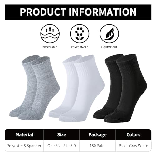 180 Pairs Men's Athletic & Casual Ankle Socks Bulk Pack - Moisture Wicking, Unisex