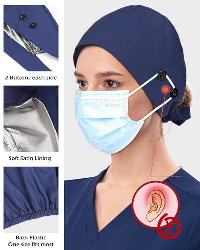 Black Navy Satin Lined Scrub Cap with 4 Buttons - Nurse Hat for Women Men