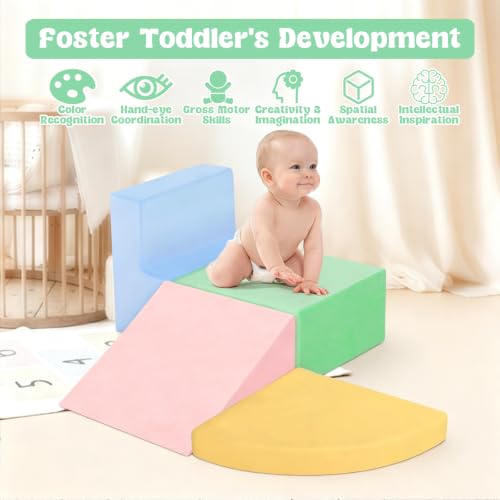 Foam Baby Climbing Blocks Set - 4-Piece Toddler Play & Development Toys - Blue/Pink