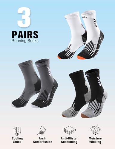 Crew Compression Running Socks - 15-20 mmHg Arch Support, Black White Gray, Size 9-13