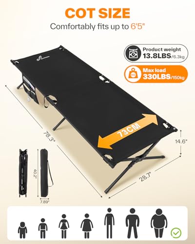 Sportneer Black Camping Cot Bed 78.3" x 28.7" x 14.6" with Side Pockets & Storage Bag