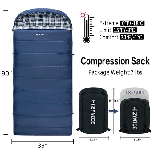 HiZYNICE XXL Cold Weather Sleeping Bag for Adults - Blue, Right Zip
