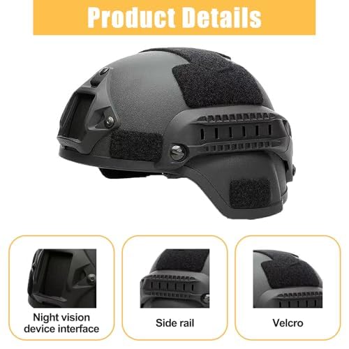 Tactical Adjustable Helmet,MICH 2000 Helmet with Side Rails and NVG Mounts for Paintball Outdoor Sports Hunting Shooting-Black