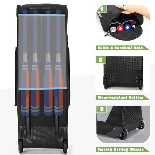 GOBUROS Rolling Baseball & Softball Gear Bag with Wheels, Multiple Pockets