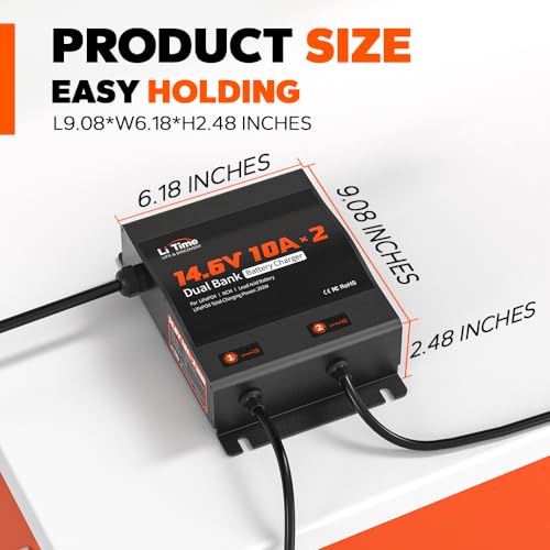 LiTime 2 Bank 12V 10A Waterproof LiFePO4 Battery Charger - 14.6V Output