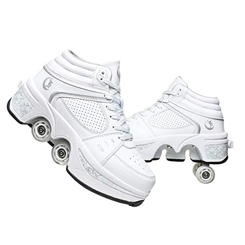 Wedsf White High-Top 2-in-1 Deform Roller Skates with Removable Pulleys, Size 7.5