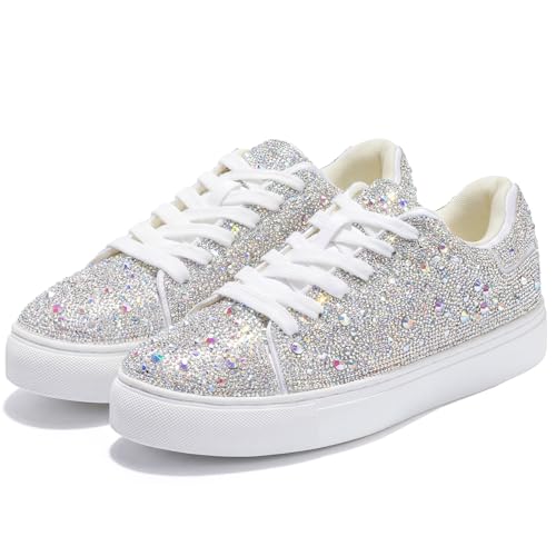 White Sparkly Rhinestone Sneakers for Women - Bedazzled Platform Bling Shoes, Party & Wedding Outfit 8