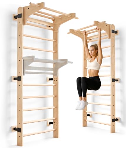 Neoflavie Wooden Wall Gym Ladder with Pull-Up Bar, Heavy-Duty 330LB Support