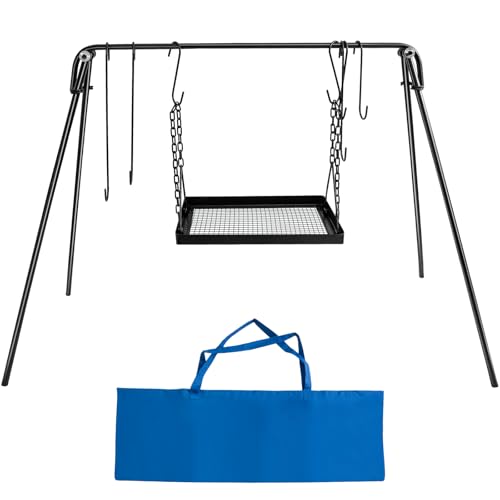 Portable Campfire Swing Cooking Grill Stand with Adjustable Grate & Hooks