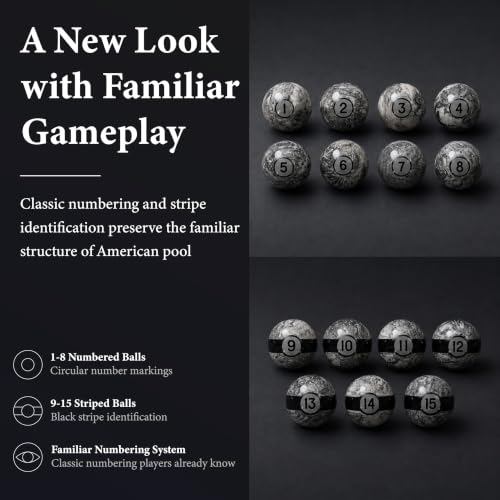 Empire USA Gray Marble Billiard Ball Set - Regulation 2.25 Inch Pool Balls with Stripes