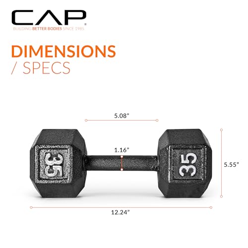 Black 35 lb Pair Cast Iron Hex Dumbbells - Hand & Free Weights for Strength Training