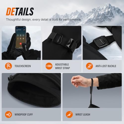 MRAWARM Heated Gloves for Men & Women, Black, Large - Rechargeable Winter Gloves with Touchscreen & Water-Resistant Features
