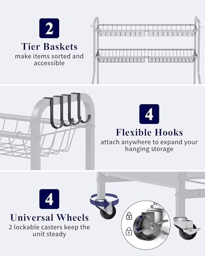 Garage Sports Equipment Organizer with Wheels - Black, 40 x 16.7 x 45.6 Inches