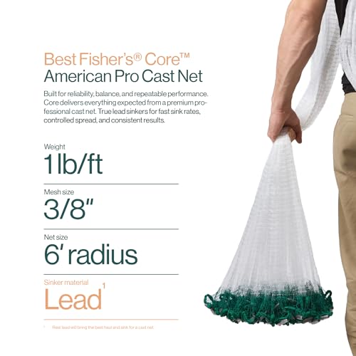 Best Fisher's Core 6-ft Pro Cast Net with 3/8" Mesh & Lead Sinkers