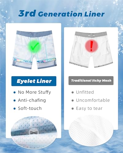 Men's Swim Trunks with Compression Liner - 7 Inch Stretch Swim Shorts, Quick Dry, Haze Blue, Large