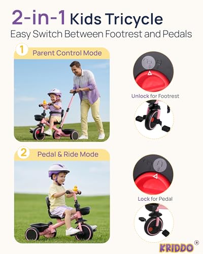 KRIDDO Pink 2-in-1 Parent-Controlled Toddler Tricycle for 1.5-5 Years