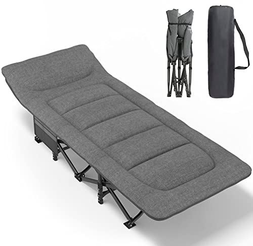 Grey Folding Camping Cot for Adults with Cushion & Pillow - Portable Bed