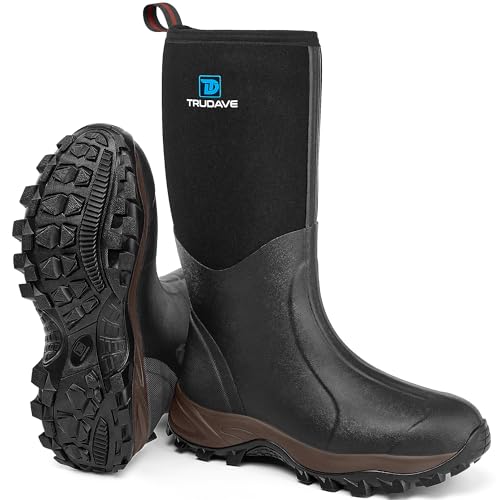 Trudave Waterproof Rubber Boots for Men & Women with Steel Shank - Black, Size 9 Women / 8 Men, Insulated & Anti-Slip Outdoor Work & Hunting Footwear