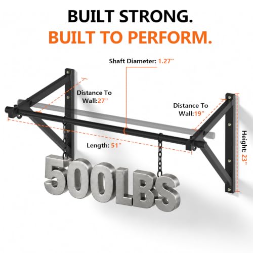 Wall Mounted Pull Up Bar with 500lbs Capacity, Adjustable Metal Fitness Bar for Strength Training