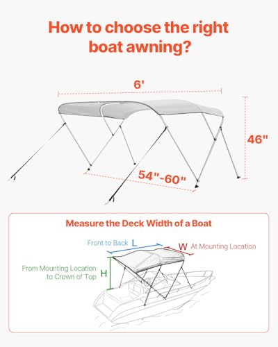 VEVOR 3 Bow Boat Bimini Top 6' x 46" H Sun Shade Canopy with Aluminum Frame, Grey