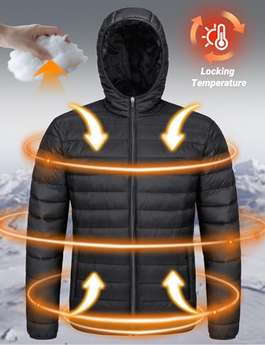 Men's Lightweight Puffer Jacket Hooded Winter Coat Black XL - Water-Resistant Quilted Bubble