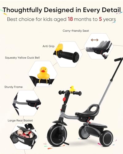 RIDYEE Foldable Toddler Tricycle with Push Handle, Grey, for 18 Months to 5 Years