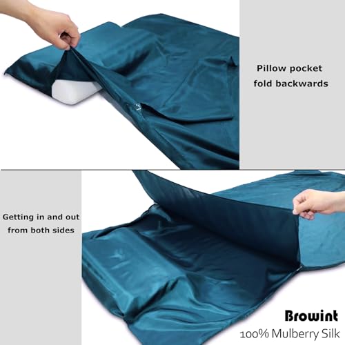 Dark Blue XL Silk Sleeping Bag Liner with Pillow Pocket - Lightweight Travel Sheet