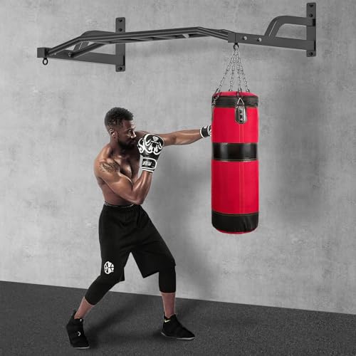 SELEWARE 48" Heavy Duty Wall Mount Pull Up Bar with Hangers - Black Variant B