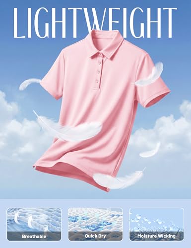 Women's Golf Polo Shirt UPF 50+ Sun Protection Short Sleeve Collared Top - Light Pink, Large