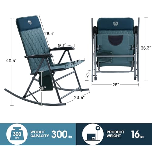 Blue 1 Pack Adjustable Camping Rocking Chair with Padded High Back & Anti-Tip Support