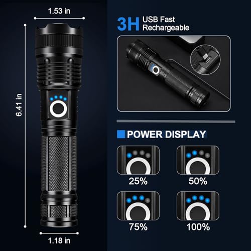 Rechargeable LED Flashlight 99000 Lumens Waterproof Handheld Camping Light with 5 Modes & USB-C