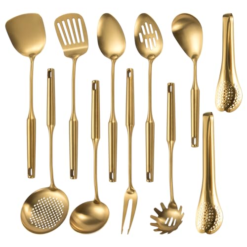 11-Piece Stainless Steel Kitchen Utensil Set with Gold Finish - Dishwasher Safe