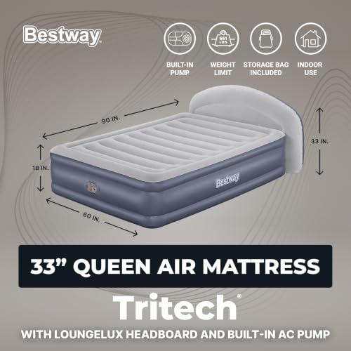 Queen Air Mattress with Headboard Navy - 33 Inch Inflatable Bed with Built-in Pump
